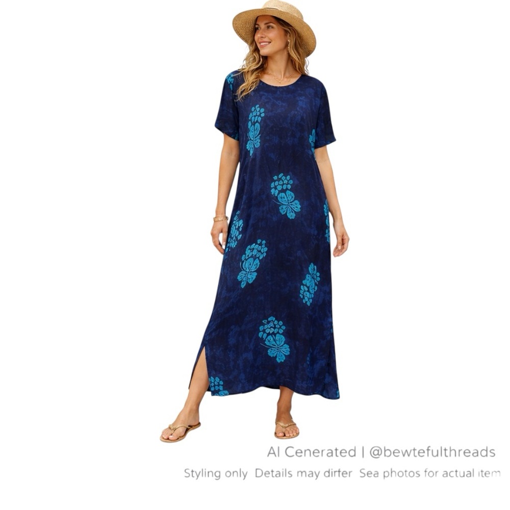 Handmade Batik Rayon Maxi Dress L Artisan Coastal Resort Blue